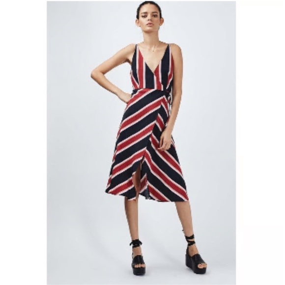 Top Shop Striped V-Neck Midi Wrap Dress - Red and Black - Picture 2 of 13